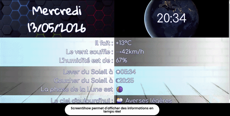 Démonstration de l'interface d'affichage dynamique ScreenShow avec météo et éphémérides en temps réel