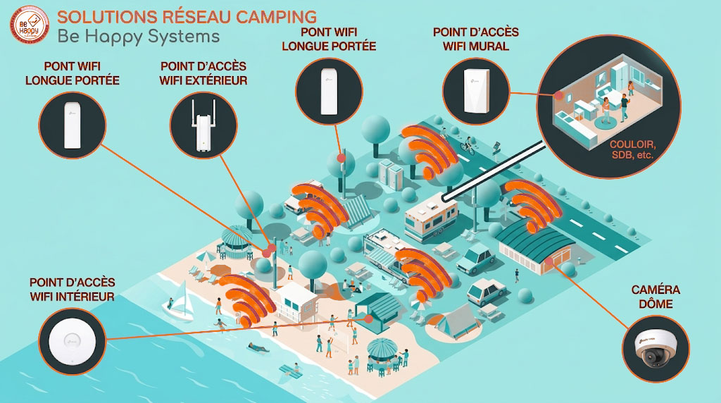 Infrastructure complète WiFi et sécurité pour hôtellerie de plein air Plan d'ensemble d'une installation WiFi Be Happy Systems pour camping avec ponts radio, bornes extérieures, WiFi intérieur et caméras de vidéosurveillance.